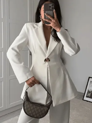 Dames Elegante Witte Blazerjas Piekrevers Getailleerd Pak Top Effen Kleur Kantoor Woon-werkverkeer Lange Mouwen