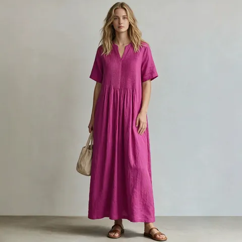 Women Casual Cotton Linen V Neck Dress Short Sleeve Pleated Solid Color Loose Fit Maxi Long Dress For Summer Daily Wear