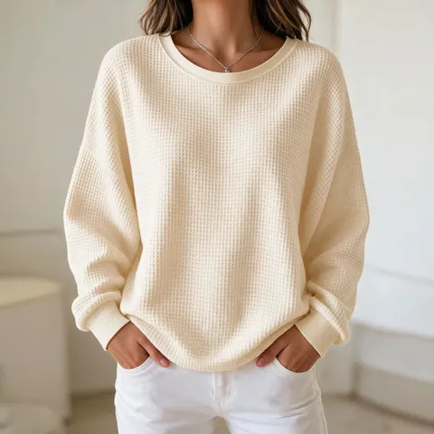 Women's Casual Waffle Knit Sweatshirt Round Neck Solid Color Cropped Long Sleeve Patchwork Pullover Top For Daily Fashion