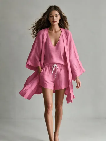 Women Casual Polyester Three Piece Set Solid Color Open Front Cardigan Vest And Drawstring Shorts Loungewear Vacation Outfit