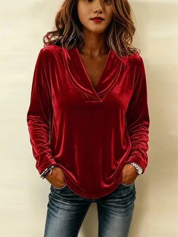 Top da Donna Sexy con Scollo a V in Velluto a Maniche Lunghe Tinta Unita Casual Vestibilità Aderente Maglietta in Poliestere per Donna