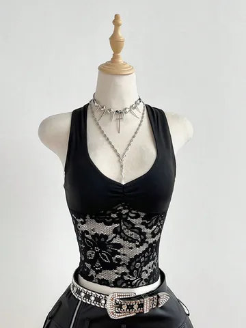 Canotta da Donna Gothic Punk con Patchwork in Pizzo Scollo a V Sexy Laccio Posteriore Vestibilità Slim Senza Maniche Top Estivo