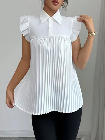 Women Pleated Short Sleeve Blouse Solid Color Loose Flutter Sleeve Polo Collar Top Summer Casual Vacation Woven Shirt