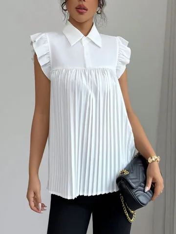 Women Pleated Short Sleeve Blouse Solid Color Loose Flutter Sleeve Polo Collar Top Summer Casual Vacation Woven Shirt