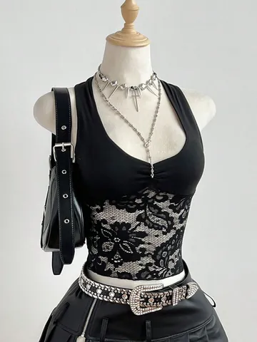 Canotta da Donna Gothic Punk con Patchwork in Pizzo Scollo a V Sexy Laccio Posteriore Vestibilità Slim Senza Maniche Top Estivo