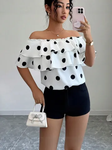 Women Off Shoulder Polka Dot Blouse Ruffle Short Sleeve Top Casual Summer Beach Vacation Loose Fitting Chiffon Style Blouse