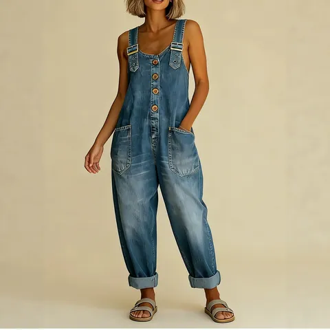 Women Retro Distressed Denim Jumpsuit Overalls With Adjustable Buckles Loose Casual Sleeveless Full Length Trousers Top And Bottom
