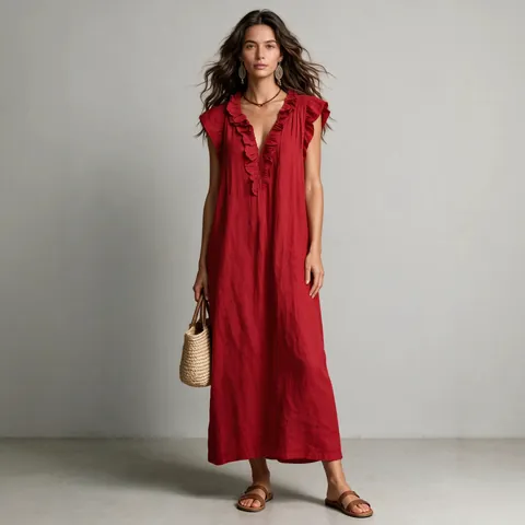 Bohemian V Neck Flutter Sleeve Maxi Dress For Women Ruffle Trim Pleated Solid Color A-Line Vacation Dress Elegant Beachwear