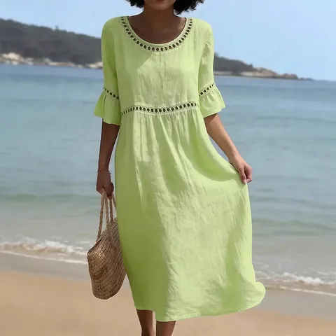 Vestido Midi de Algodón Lino Elegante para Mujer Casual Cuello Redondo Media Manga Calado Color Sólido Línea A Playa