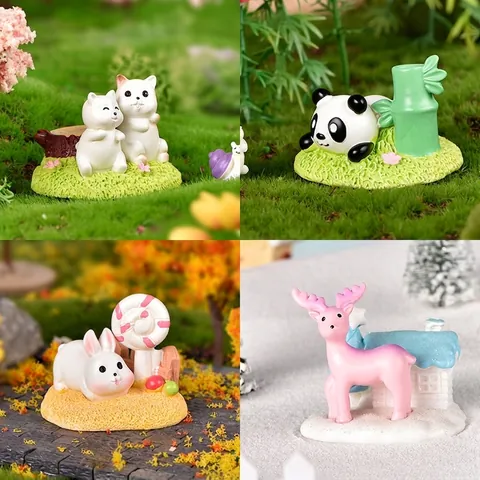 Resin Seasonal Animal Miniature Figurines Cat Panda Rabbit Deer Micro Landscape Garden Decor DIY Crystal Ball Ornament Gift