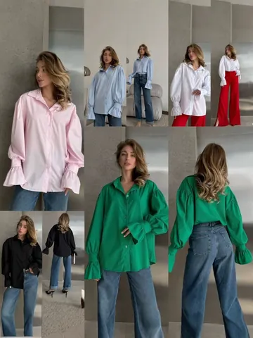 Women Oversized Polyester Shirt Lantern Long Sleeve Ruffle Cuffs Button Up Lapel Collar Solid Color Casual Blouse Top