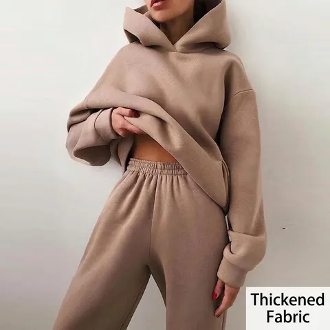 Dames Effen Kleur Lange Mouw Hoodie En Broek Boven- En Onderkant Verdikte Fleece Casual Sportkleding Voor Herfst Winter