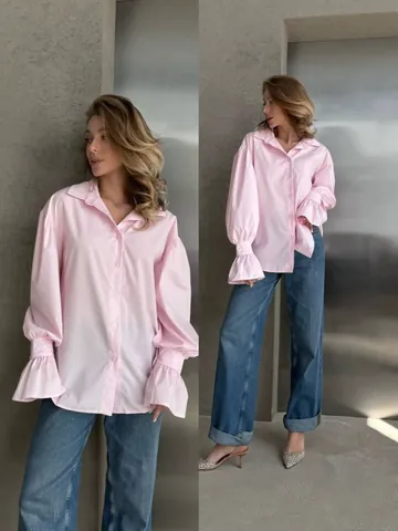 Women Oversized Polyester Shirt Lantern Long Sleeve Ruffle Cuffs Button Up Lapel Collar Solid Color Casual Blouse Top