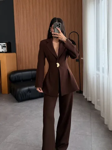 Traje de Chaqueta Ajustado Elegante para Mujer Top And Bottom Tejido Color Sólido Manga Larga Oficina Desplazamiento Outfits de Alta Gama