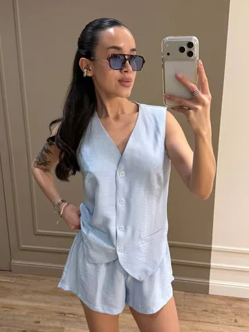 Women's Pinstripe Suit Vest and Shorts Set Summer Sleeveless V-Neck Single-Breasted Waistcoat Two-Piece Outfit for Casual Office Wear