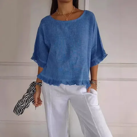 Blusa Casual de Mezcla de Algodón para Mujer Manga Corta Con Dobladillo con Volantes Cuello Redondo Ajuste Holgado Top Mujer