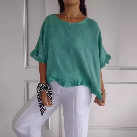 Blusa Casual de Mezcla de Algodón para Mujer Manga Corta Con Dobladillo con Volantes Cuello Redondo Ajuste Holgado Top Mujer