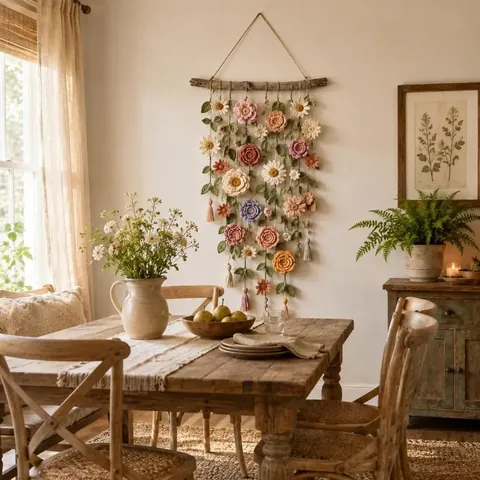 Handmade Crochet Flower Vine Wall Hanging Bohemian Woven Floral Tapestry with Wooden Stick and Tassels Home Decor
