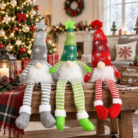Christmas Lighted Gnome Plush Snowflake Knitted Hat Long Hanging Leg Faceless Doll Festive Tree Window Display Home Holiday Decor