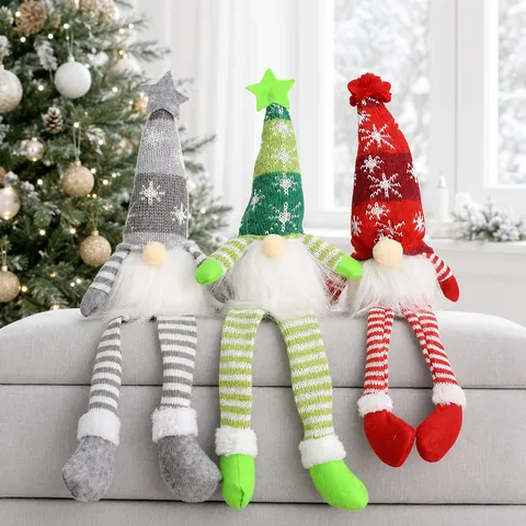 Christmas Lighted Gnome Plush Snowflake Knitted Hat Long Hanging Leg Faceless Doll Festive Tree Window Display Home Holiday Decor