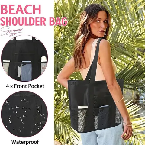 Bolsa de Playa de Malla de Gran Capacidad de Múltiples Bolsillos Portátil Plegable Bolsa de Almacenamiento para Gimnasio Natación Viaje Bolso de Mano Ligero