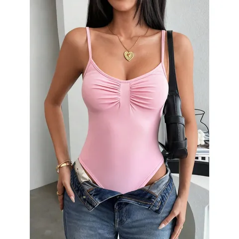 Dames Sexy Geplooide Bodysuit Rugloos Spaghettibandjes Slim Fit Eendelig Effen Kleur Polyester Chic Basic Mouwloze Top