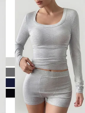 Women Ribbed Yoga Sportswear Top And Bottom Slim Fit Long Sleeve T-Shirt And Shorts Activewear Workout Two Piece Outfit