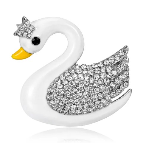 Elegant Crown Swan Brooch For Women Alloy Enamel Rhinestone Animal Shape Lapel Pin Fashion Jewelry Apparel Accessory Gift