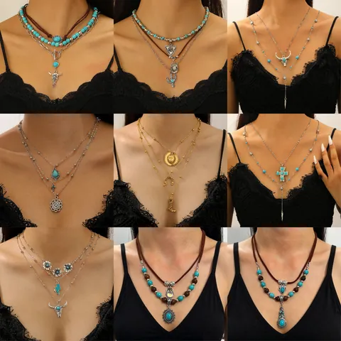 Vintage Western Cowboy Multi-layer Necklace Set Alloy Turquoise Bull Head Cactus Horse Boot Pendant Boho Ethnic Jewelry Women