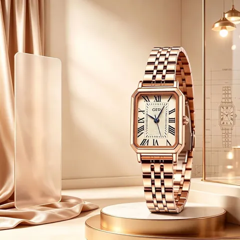 GEDI Montre à Quartz pour Femme Carrée Vintage Bracelet en Acier Inoxydable Étanche Chiffres Romains Élégante Montre-Bracelet