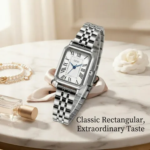 GEDI Montre à Quartz pour Femme Carrée Vintage Bracelet en Acier Inoxydable Étanche Chiffres Romains Élégante Montre-Bracelet