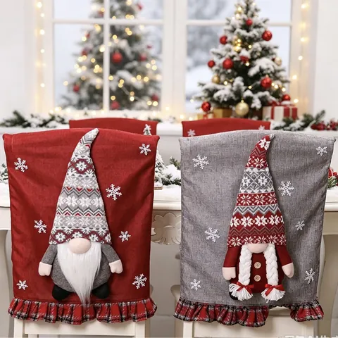Fabric Christmas Chair Covers 3D Gnome Faceless Doll Rudolph Elf Chair Back Protector For Dining Room Holiday Home Decoration