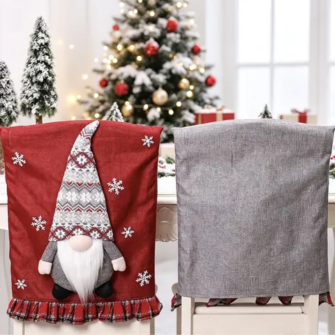 Fabric Christmas Chair Covers 3D Gnome Faceless Doll Rudolph Elf Chair Back Protector For Dining Room Holiday Home Decoration