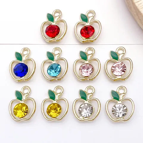 DIY Fruit Apple Charms Alloy Enamel Rhinestone Pendants For Jewelry Making Bracelet Necklace Earrings Craft Supplies