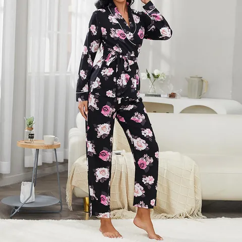 Set Pigiama da Donna in Viscosa con Stampa Floreale Manica Lunga Scollo a V Top And Bottom Comodo Casual Homewear