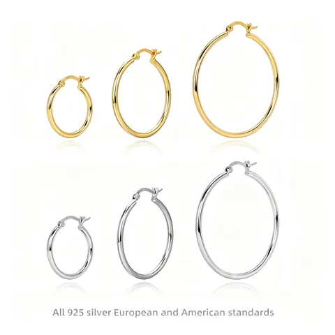 925 Sterling Silver Hoop Earrings Gold Silver Plated Minimalist Geometric Round Plain Loop Earrings For Women Jewelry Gift