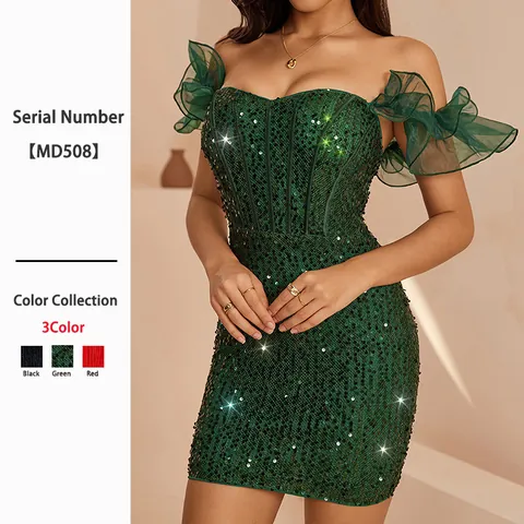 Sexy Off-The-Shoulder Sequined Mini Dress For Women Elegant Ruffle Bodycon Party Dress Polyester Banquet Evening Dress