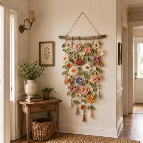 Handmade Crochet Flower Vine Wall Hanging Bohemian Woven Floral Tapestry with Wooden Stick and Tassels Home Decor