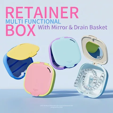 Caja Portátil Magnética para Ortodoncia Con Espejo y Cesta de Drenaje para Invisalign Dentaduras Caja de Almacenamiento Estuche de Viaje Cuidado Oral