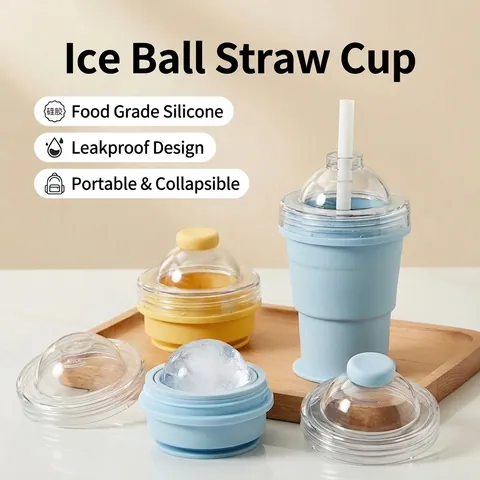 Portable Silicone Folding Ice Ball Maker Cup With Straw Food Grade Ice Cube Tray For Travel Kitchen Outdoor Drinking
