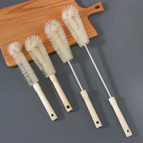 Natural Wood Long Handle Bottle Brush Kitchen Cup Scrubber L-Shaped Nylon Bristle Cleaner For Narrow Mouth Bottles And Mugs
