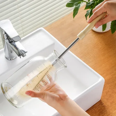 Natural Wood Long Handle Bottle Brush Kitchen Cup Scrubber L-Shaped Nylon Bristle Cleaner For Narrow Mouth Bottles And Mugs