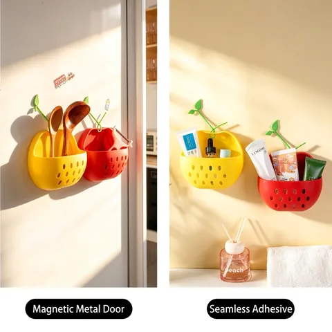Apple Shape Wall Mounted Storage Box Plastic Fruit Decorative Organizer Adhesive Magnetic For Kitchen Bathroom Office