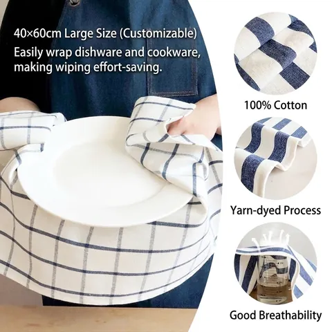 Mediterranean Blue Cotton Tea Towel Striped Checked Pattern Kitchen Dish Cloth For Table Decor Photography Background