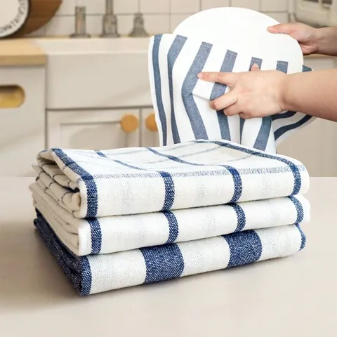 Mediterranean Blue Cotton Tea Towel Striped Checked Pattern Kitchen Dish Cloth For Table Decor Photography Background