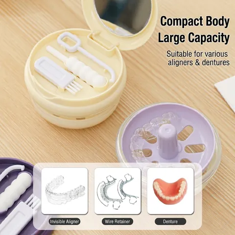 Portable Spring-Elevating ABS Denture Storage Box with Layered Design Built-in Mirror and Cleaning Tools for Braces Dentures