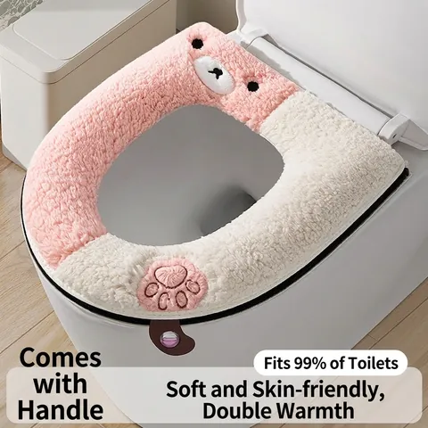 Cute Bear Embroidered Toilet Seat Cover Waterproof PU Bottom Coral Fleece Warm Winter Toilet Mat With Handle Universal