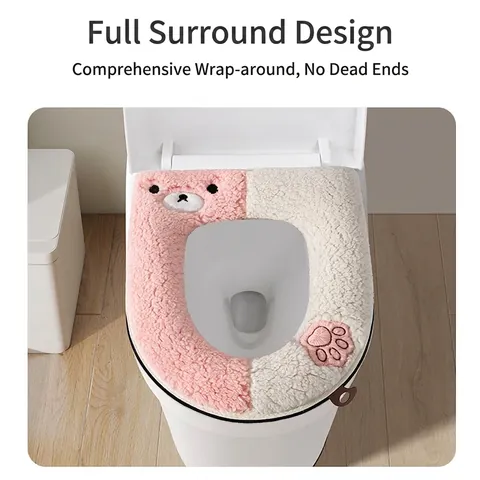 Cute Bear Embroidered Toilet Seat Cover Waterproof PU Bottom Coral Fleece Warm Winter Toilet Mat With Handle Universal