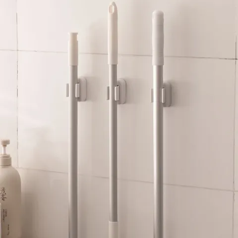 Wall Mounted Multifunctional Toothbrush Holder Mop Broom Clip Punch Free Adhesive Bathroom Kitchen Storage Organizer White