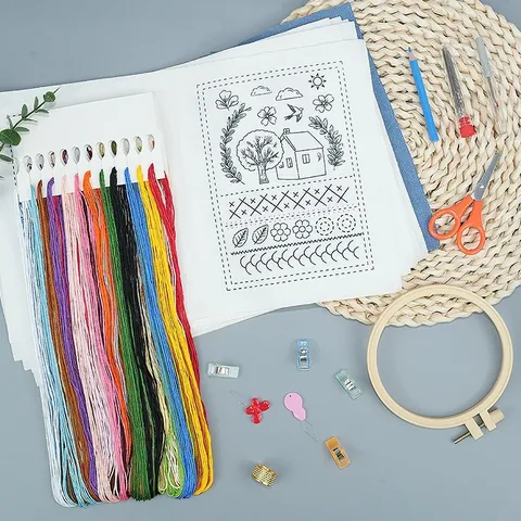 DIY Embroidery Stitch Book Kit Linen Fabric Practice Needlework Set With Threads Hoops Tools For Beginners Handmade Crafts